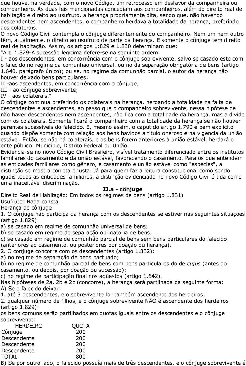 companheiro herdava a totalidade da herança, preferindo aos colaterais. O novo Código Civil contempla o cônjuge diferentemente do companheiro.