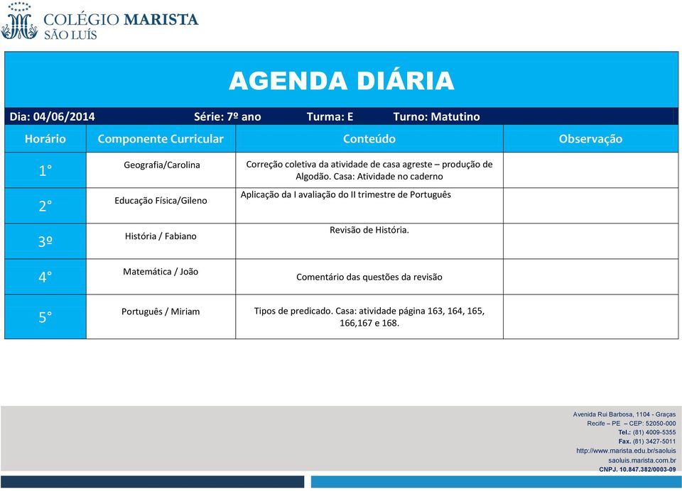 Casa: Atividade no caderno Comentário das questões da revisão