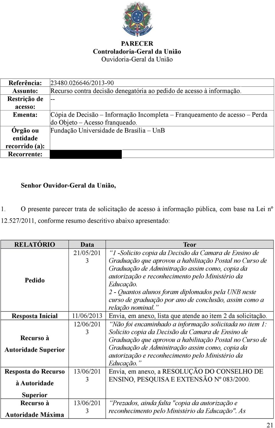 Órgão ou Fundação Universidade de Brasília UnB entidade recorrido (a): Recorrente: Senhor Ouvidor-Geral da União, 1.