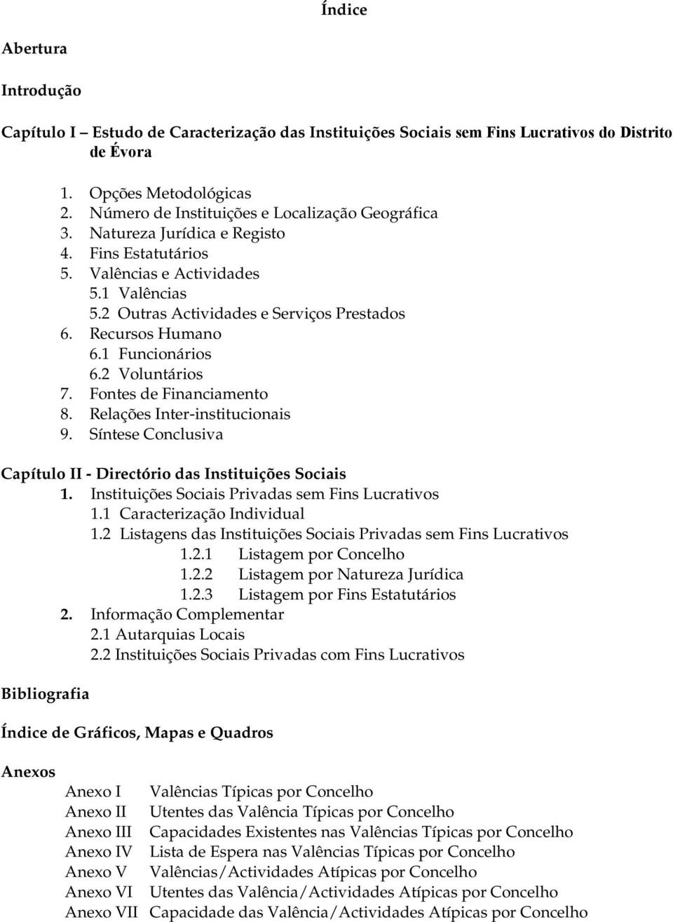 Recursos Humano 6.1 Funcionários 6.2 Voluntários 7. Fontes de Financiamento 8. Relações Inter-institucionais 9. Síntese Conclusiva Capítulo II - Directório das Instituições Sociais 1.