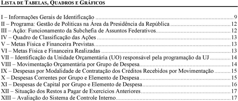 ..13 VII Identificação da Unidade Orçamentária (UO) responsável pela programação da UJ...14 VIII Movimentação Orçamentária por Grupo de Despesa.