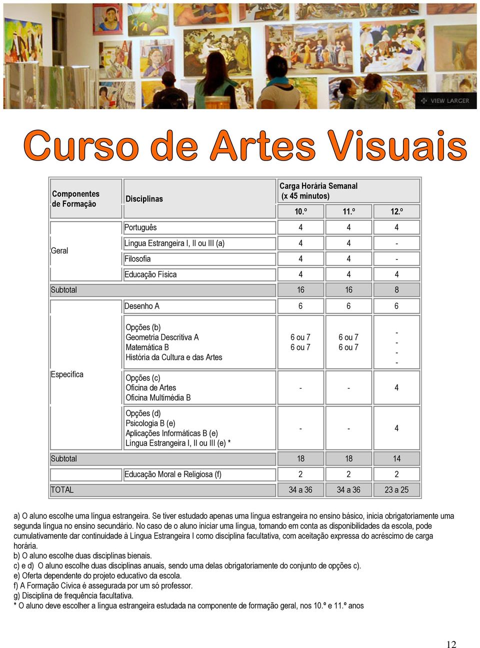 Cultura e das Artes Opções (c) Oficina de Artes Oficina Multimédia B Opções (d) Psicologia B (e) Aplicações Informáticas B (e) Língua Estrangeira I, II ou III (e) * 4 4 Subtotal 18 18 14 Educação