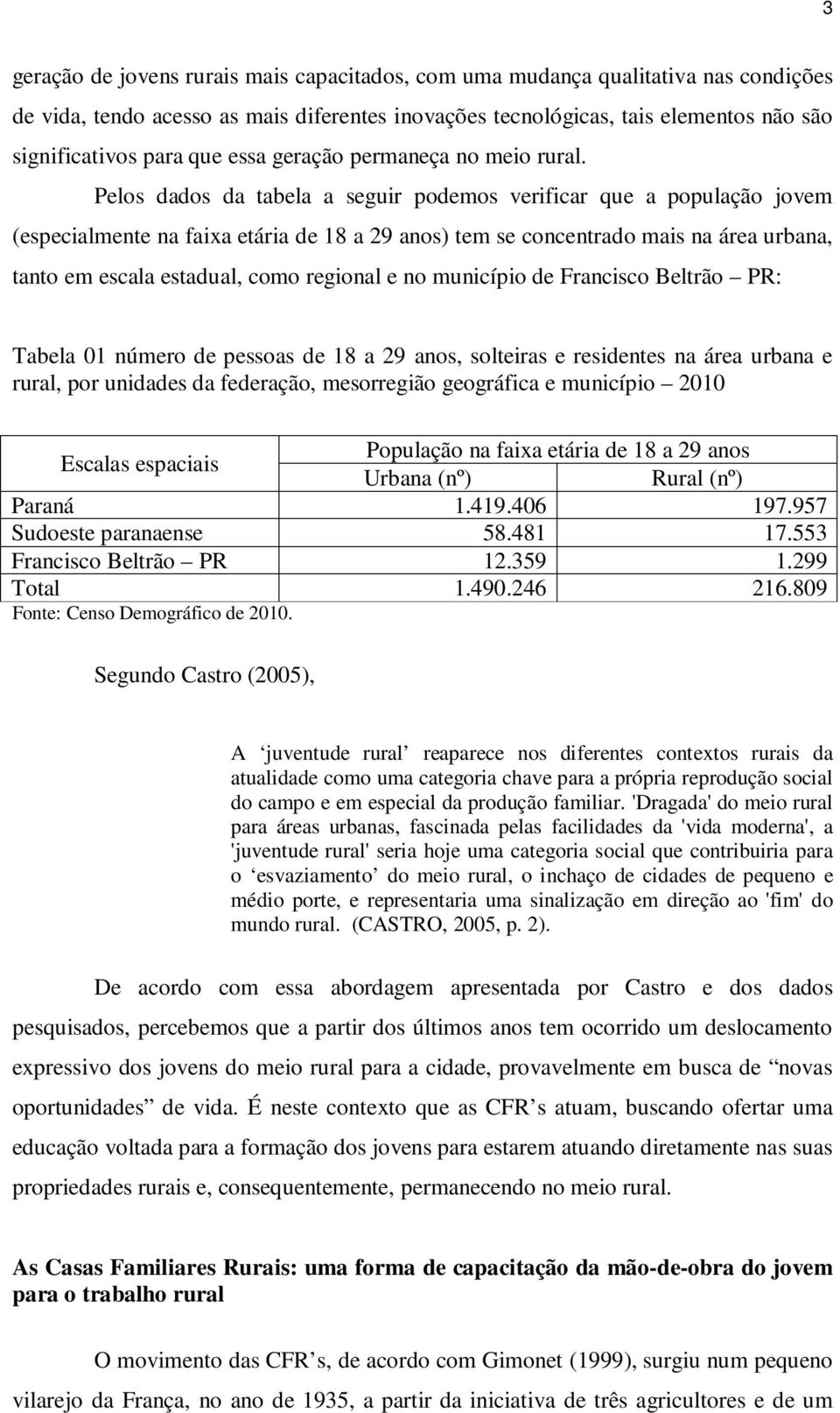 Pelos dados da tabela a seguir podemos verificar que a população jovem (especialmente na faixa etária de 18 a 29 anos) tem se concentrado mais na área urbana, tanto em escala estadual, como regional