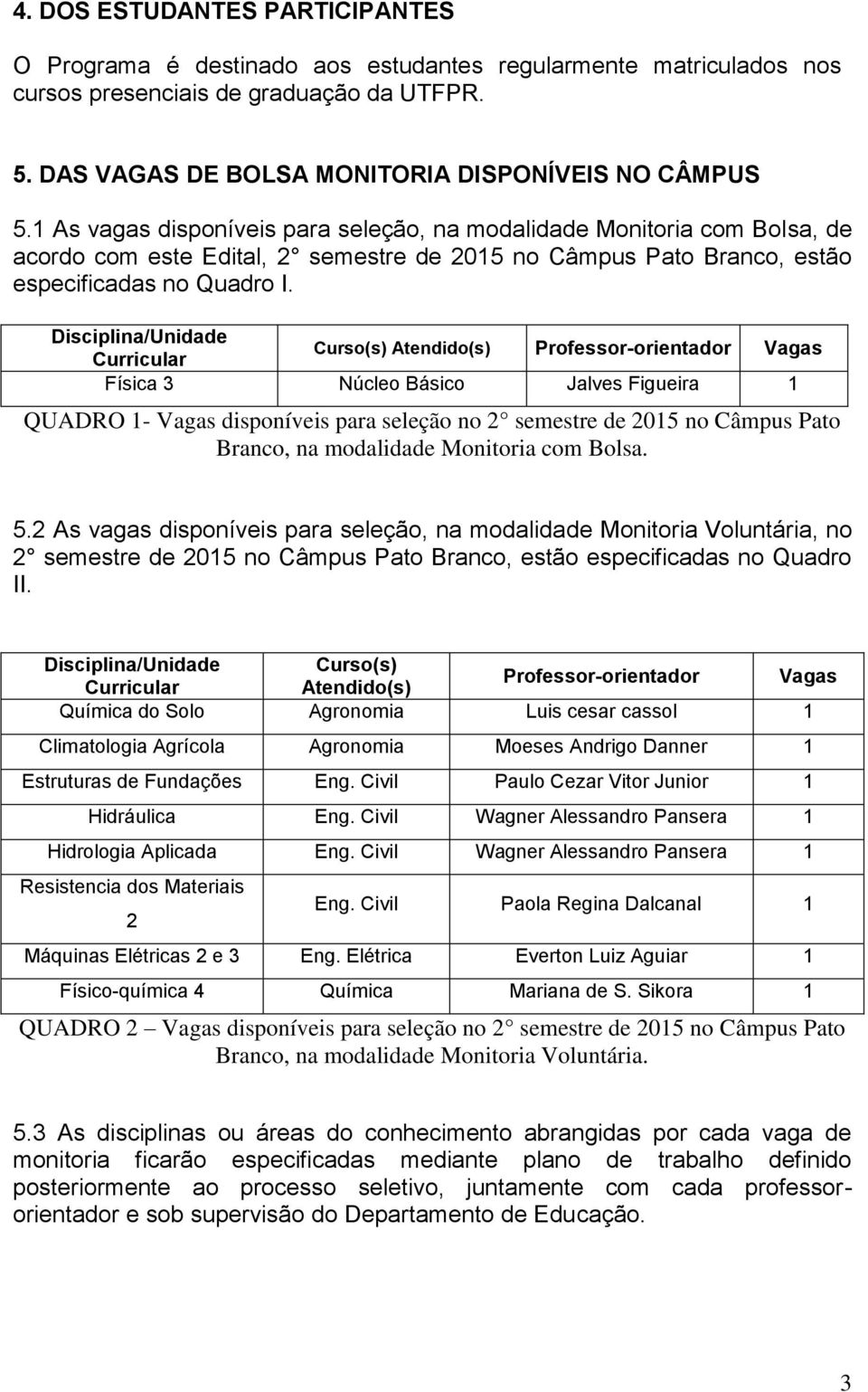 Disciplina/Unidade Curricular Curso(s) Atendido(s) Professor-orientador Vagas Física 3 Núcleo Básico Jalves Figueira 1 QUADRO 1- Vagas disponíveis para seleção no 2 semestre de 2015 no Câmpus Pato