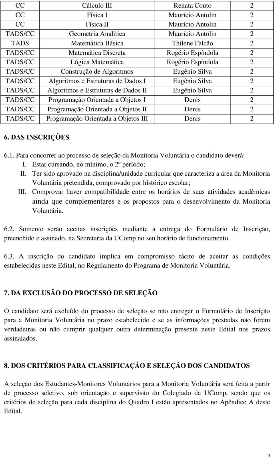 Algoritmos e Estruturas de Dados II Eugênio Silva 2 TADS/CC Programação Orientada a Objetos I Denis 2 TADS/CC Programação Orientada a Objetos II Denis 2 TADS/CC Programação Orientada a Objetos III