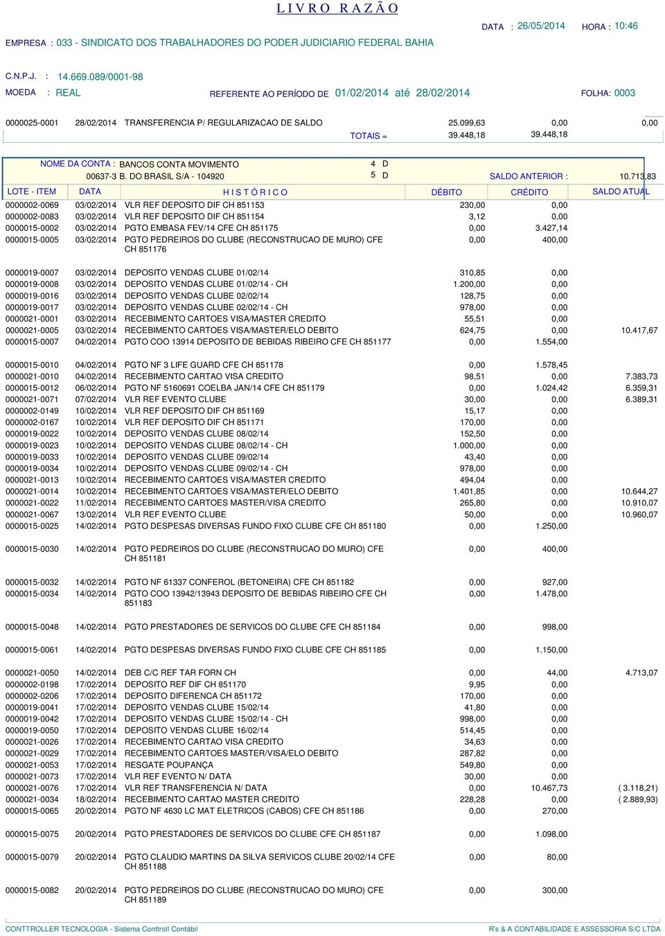 0000002-0069 03/02/2014 VLR REF EPOSITO IF H 851153 23 0000002-0083 03/02/2014 VLR REF EPOSITO IF H 851154 3,12 0000015-0002 03/02/2014 PGTO EMBASA FEV/14 FE H 851175 3427,14 0000015-0005 03/02/2014