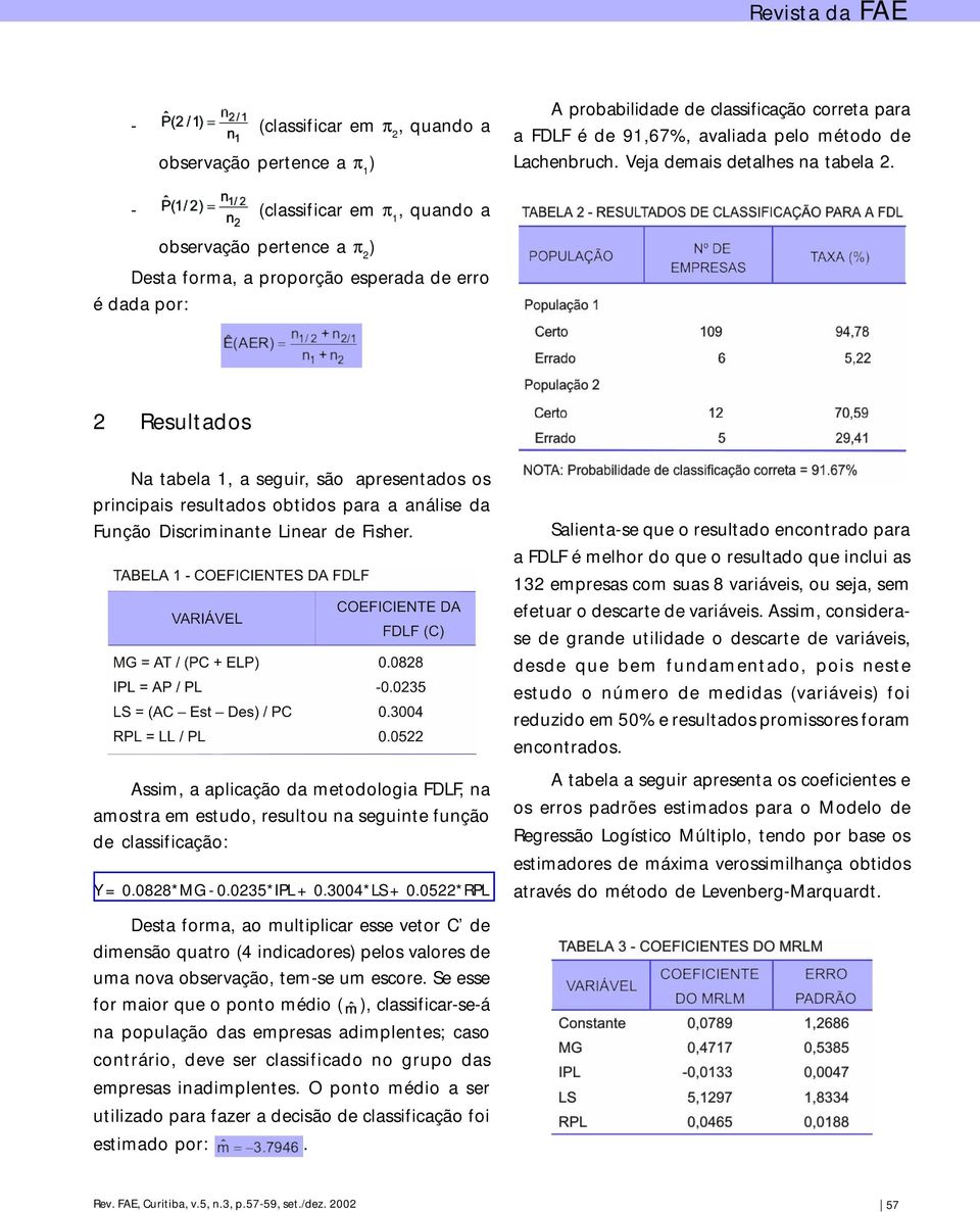 para a análise da Função Discriminante Linear de Fisher. Assim, a aplicação da metodologia FDLF, na amostra em estudo, resultou na seguinte função de classificação: Y = 0.0828*MG - 0.0235*IPL + 0.