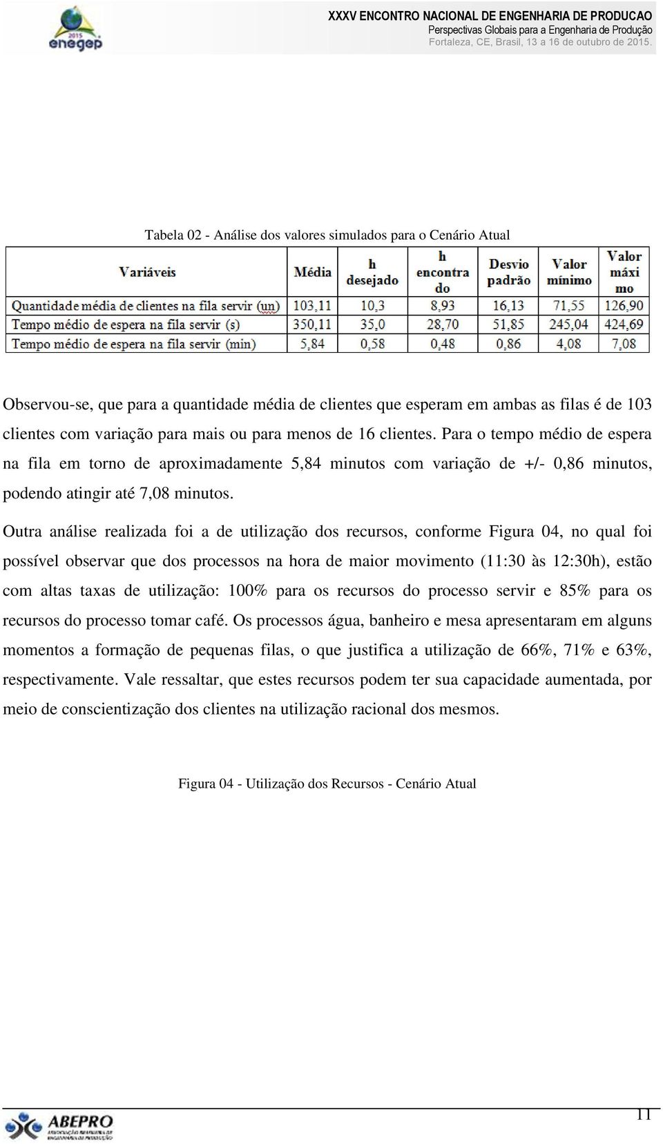 Outra análise realizada foi a de utilização dos recursos, conforme Figura 04, no qual foi possível observar que dos processos na hora de maior movimento (11:30 às 12:30h), estão com altas taxas de