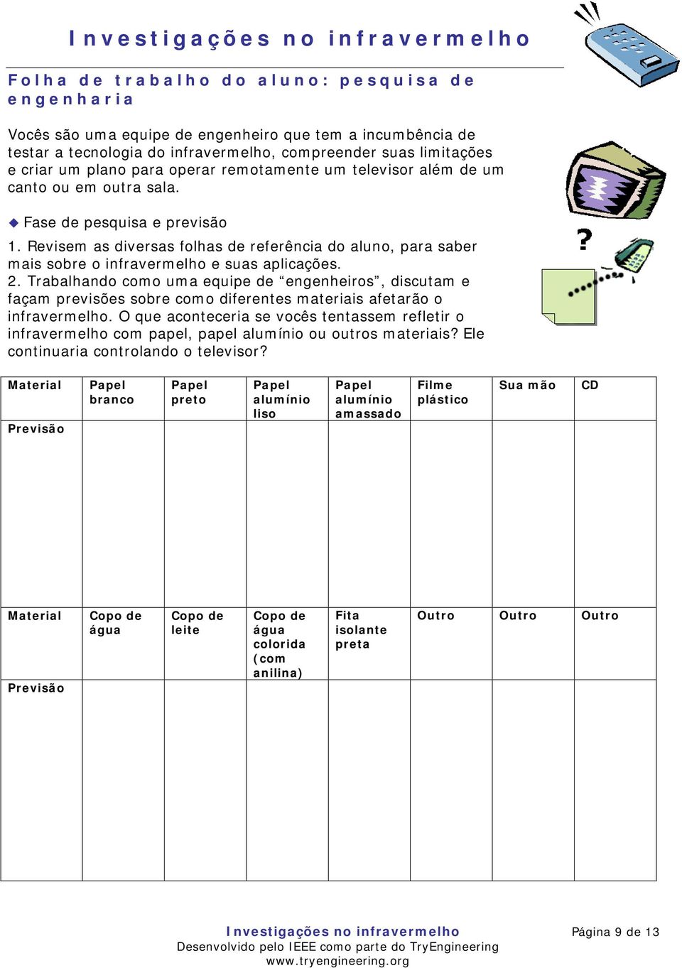 Revisem as diversas folhas de referência do aluno, para saber mais sobre o infravermelho e suas aplicações. 2.