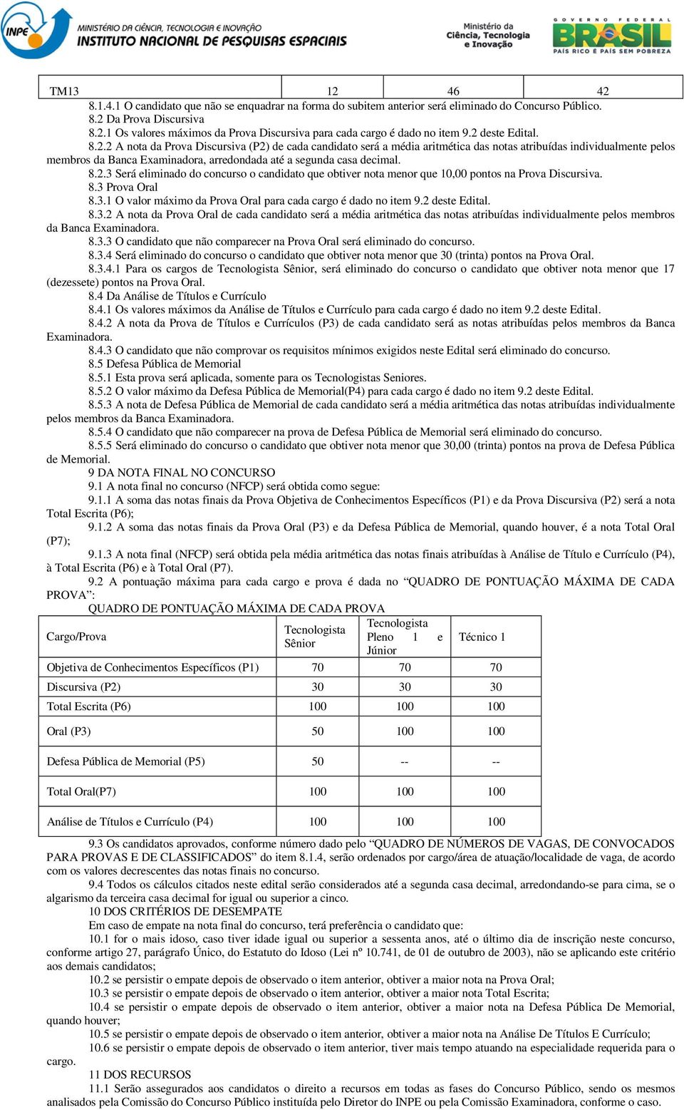 8.2.3 Será eliminado do concurso o candidato que obtiver nota menor que 10,00 pontos na Prova Discursiva. 8.3 Prova Oral 8.3.1 O valor máximo da Prova Oral para cada cargo é dado no item 9.