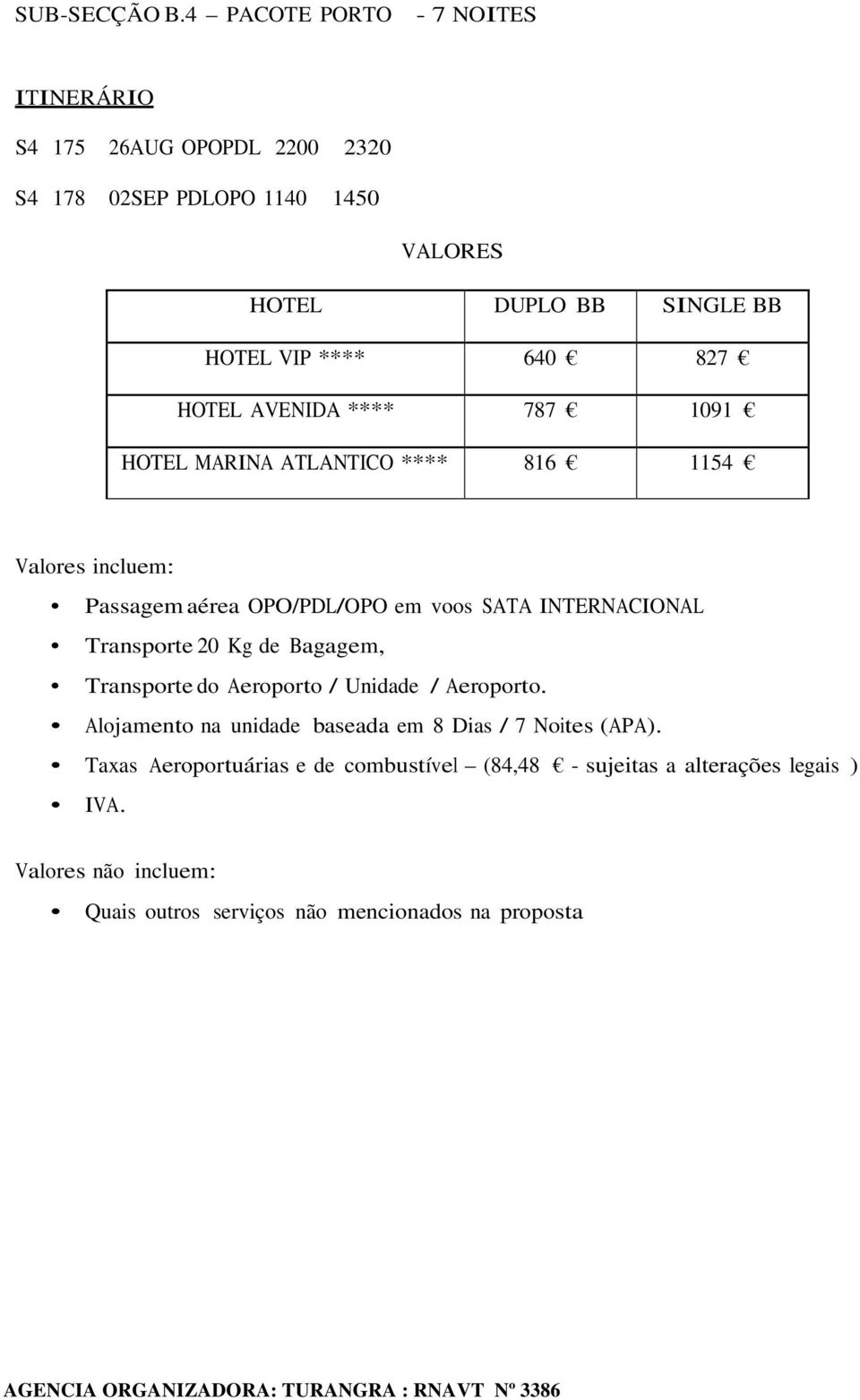 640 827 HOTEL AVENIDA **** 787 1091 HOTEL MARINA ATLANTICO **** 816 1154 Valores incluem: Passagem aérea OPO/PDL/OPO em voos SATA INTERNACIONAL