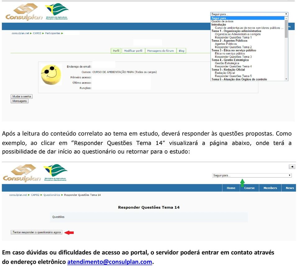 possibilidade de dar início ao questionário ou retornar para o estudo: Em caso dúvidas ou dificuldades