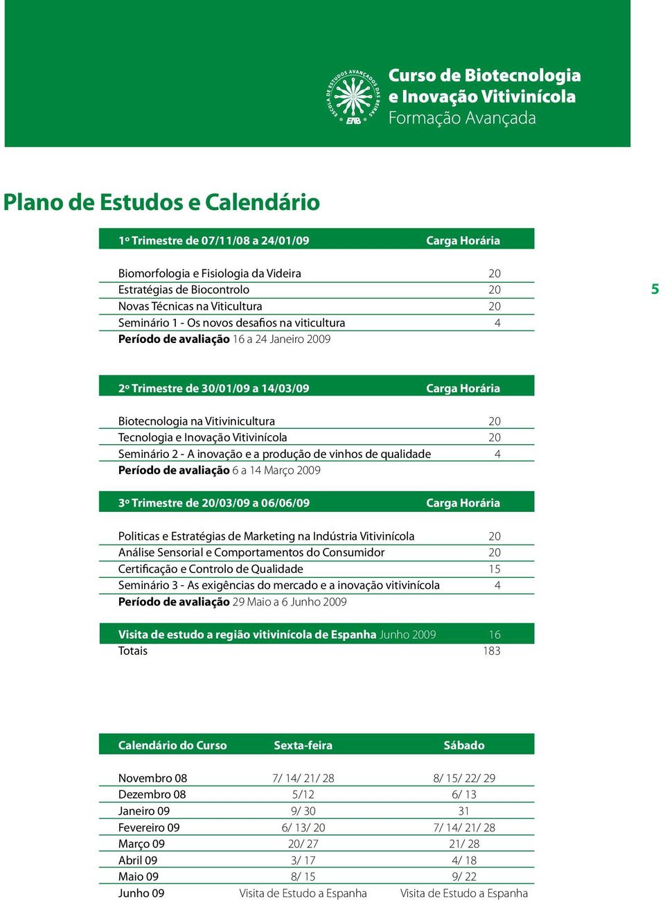 20 Seminário 2 - A inovação e a produção de vinhos de qualidade 4 Período de avaliação 6 a 14 Março 2009 3º Trimestre de 20/03/09 a 06/06/09 Carga Horária Politicas e Estratégias de Marketing na