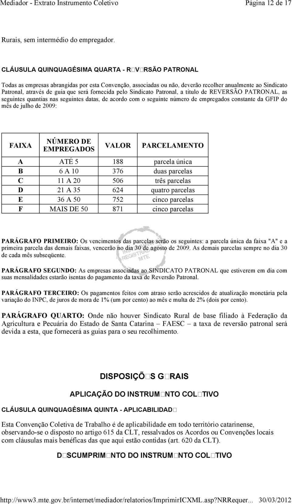 fornecida pelo Sindicato Patronal, a título de REVERSÃO PATRONAL, as seguintes quantias nas seguintes datas, de acordo com o seguinte número de empregados constante da GFIP do mês de julho de 2009: