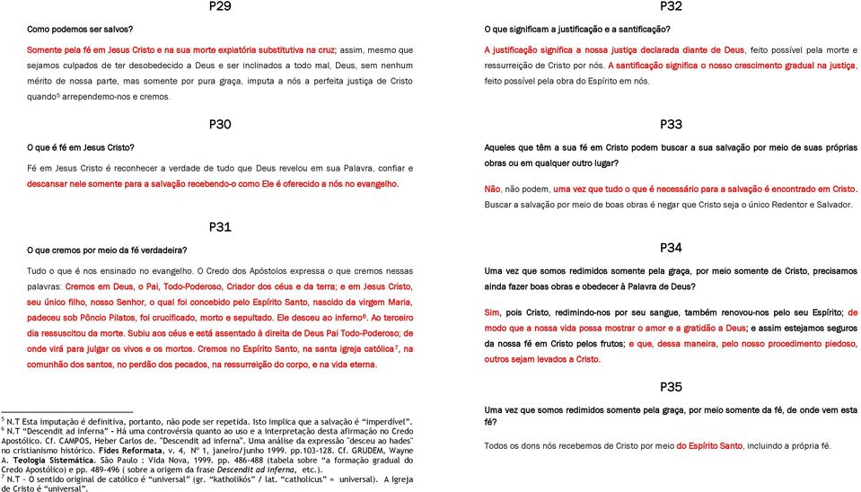 nossa parte, mas somente por pura graça, imputa a nós a perfeita justiça de Cristo quando 5 arrependemo-nos e cremos. P30 O que é fé em Jesus Cristo?