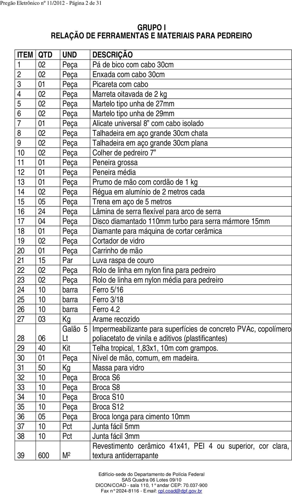 em aço grande 30cm chata 9 02 Peça Talhadeira em aço grande 30cm plana 10 02 Peça Colher de pedreiro 7 11 01 Peça Peneira grossa 12 01 Peça Peneira média 13 01 Peça Prumo de mão com cordão de 1 kg 14