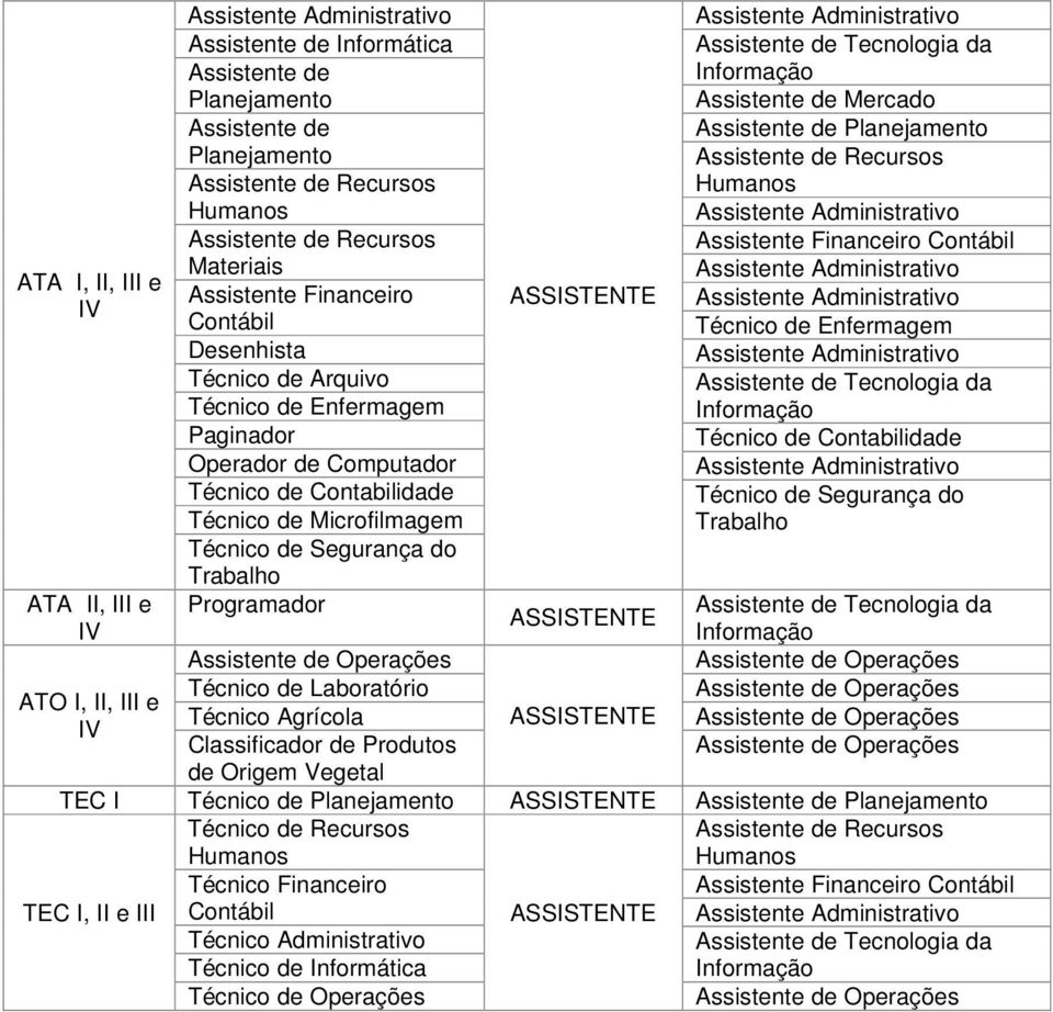 Administrativo ATA I, II, III e Assistente Financeiro ASSISTENTE Assistente Administrativo IV Contábil Técnico de Enfermagem Desenhista Assistente Administrativo Técnico de Arquivo Assistente de