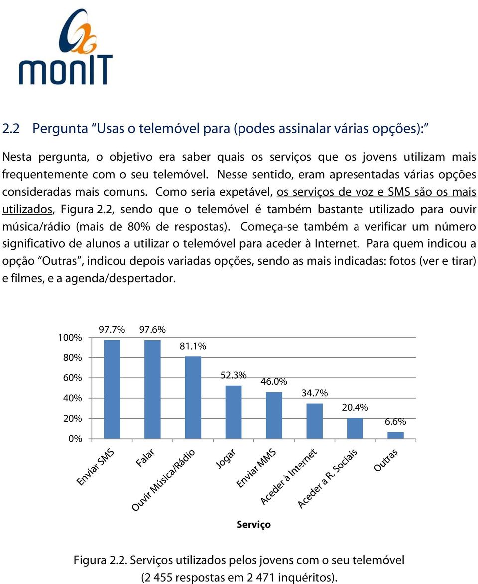 2, sendo que o telemóvel é também bastante utilizado para ouvir música/rádio (mais de 8 de respostas).