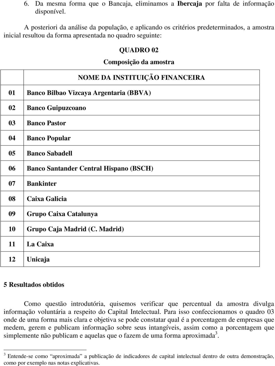 FINANCEIRA 01 Banco Bilbao Vizcaya Argentaria (BBVA) 02 Banco Guipuzcoano 03 Banco Pastor 04 Banco Popular 05 Banco Sabadell 06 Banco Santander Central Hispano (BSCH) 07 Bankinter 08 Caixa Galicia 09