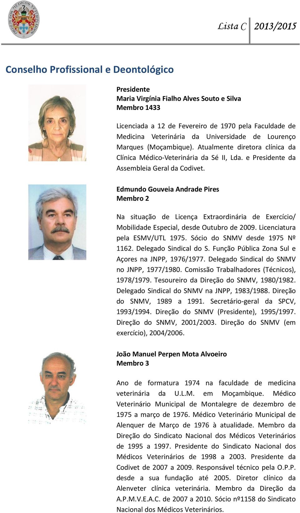 Edmundo Gouveia Andrade Pires Membro 2 Na situação de Licença Extraordinária de Exercício/ Mobilidade Especial, desde Outubro de 2009. Licenciatura pela ESMV/UTL 1975.