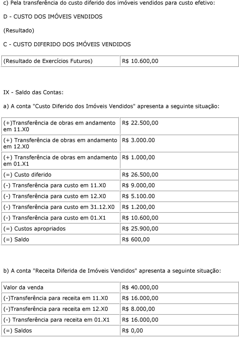 X0 (+) Transferência de obras em andamento em 12.X0 (+) Transferência de obras em andamento em 01.X1 R$ 22.500,00 R$ 3.000.00 R$ 1.000,00 (=) Custo diferido R$ 26.
