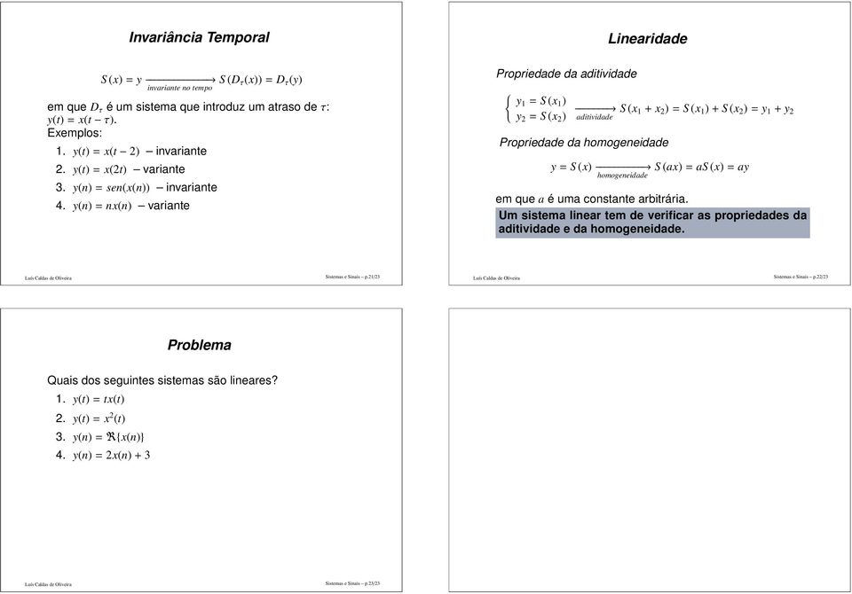 y(n) = nx(n) variante Propriedade da aditividade { y1 = S (x 1 ) y 2 = S (x 2 ) aditividade Propriedade da homogeneidade y=s (x) homogeneidade S (x 1 + x 2 )=S (x 1 )+S (x 2 )=y 1 + y 2 S