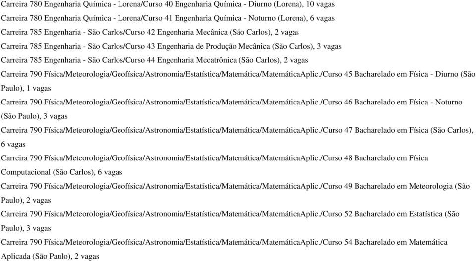 785 Engenharia - São Carlos/Curso 44 Engenharia Mecatrônica (São Carlos), 2 vagas Carreira 790 Física/Meteorologia/Geofísica/Astronomia/Estatística/Matemática/MatemáticaAplic.