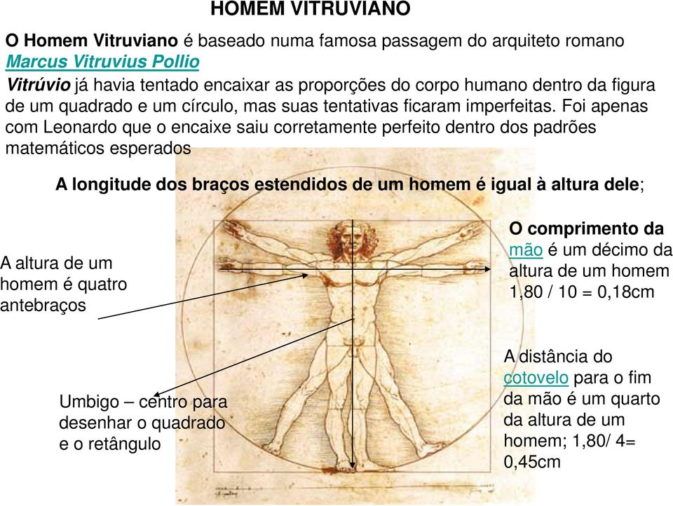 Foi apenas com Leonardo que o encaixe saiu corretamente perfeito dentro dos padrões matemáticos esperados A longitude dos braços estendidos de um homem é igual à altura dele;