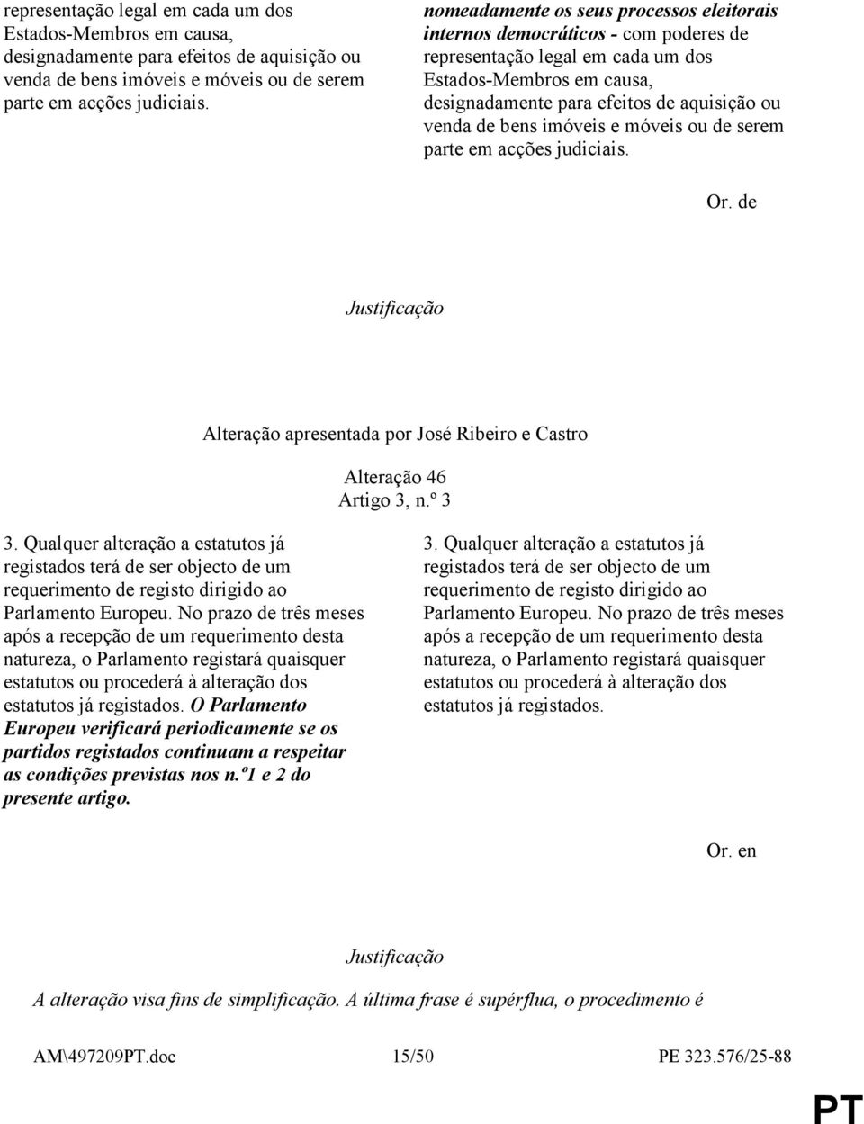 Qualquer alteração a estatutos já registados terá de ser objecto de um requerimento de registo dirigido ao Parlamento Europeu.