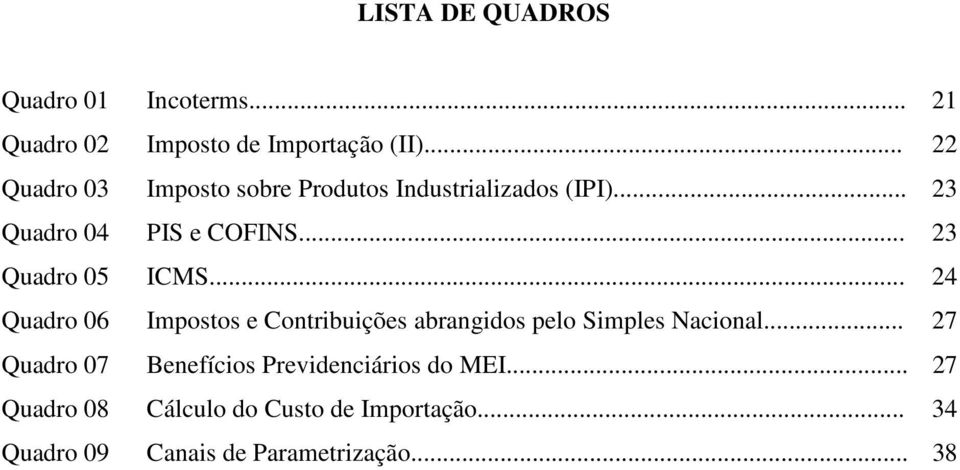 .. 23 Quadro 05 ICMS... 24 Quadro 06 Impostos e Contribuições abrangidos pelo Simples Nacional.