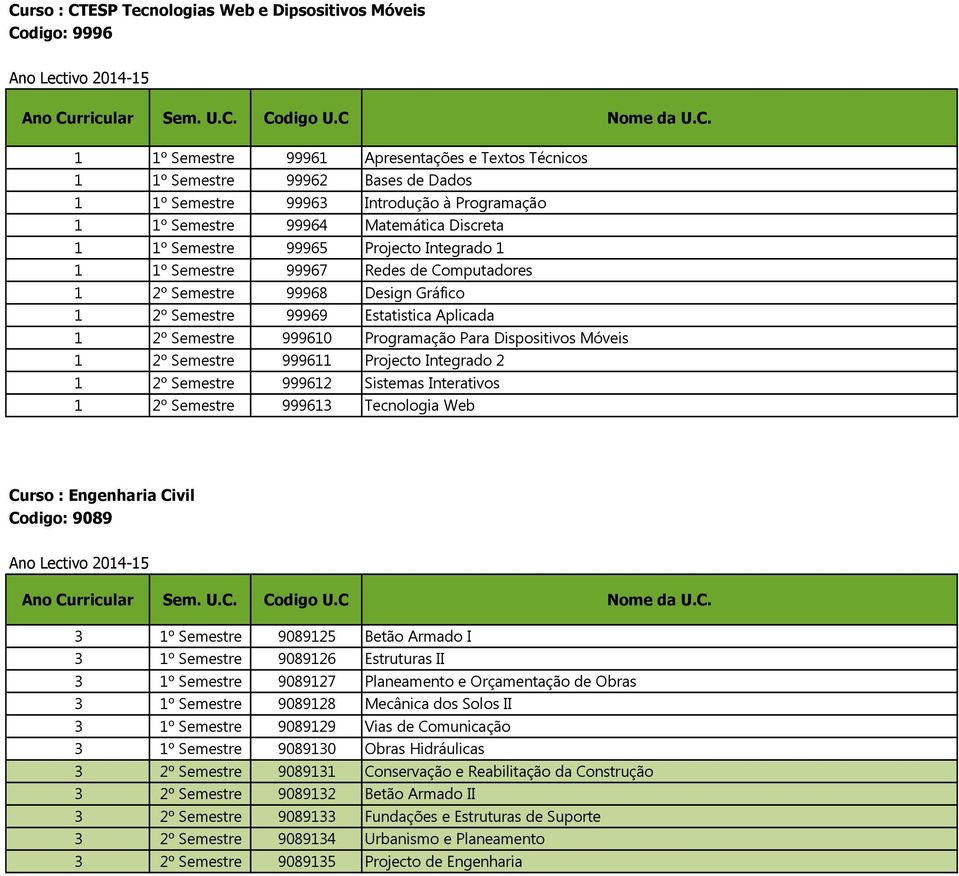 2º Semestre 999610 Programação Para Dispositivos Móveis 1 2º Semestre 999611 Projecto Integrado 2 1 2º Semestre 999612 Sistemas Interativos 1 2º Semestre 999613 Tecnologia Web Curso : Engenharia