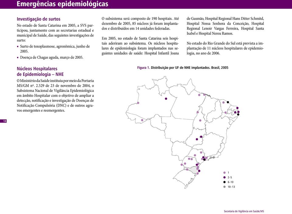 Até dezembro de 25, 85 núcleos já foram implantados e distribuídos em 14 unidades federadas. Em 25, no estado de Santa Catarina seis hospitais aderiram ao subsistema.