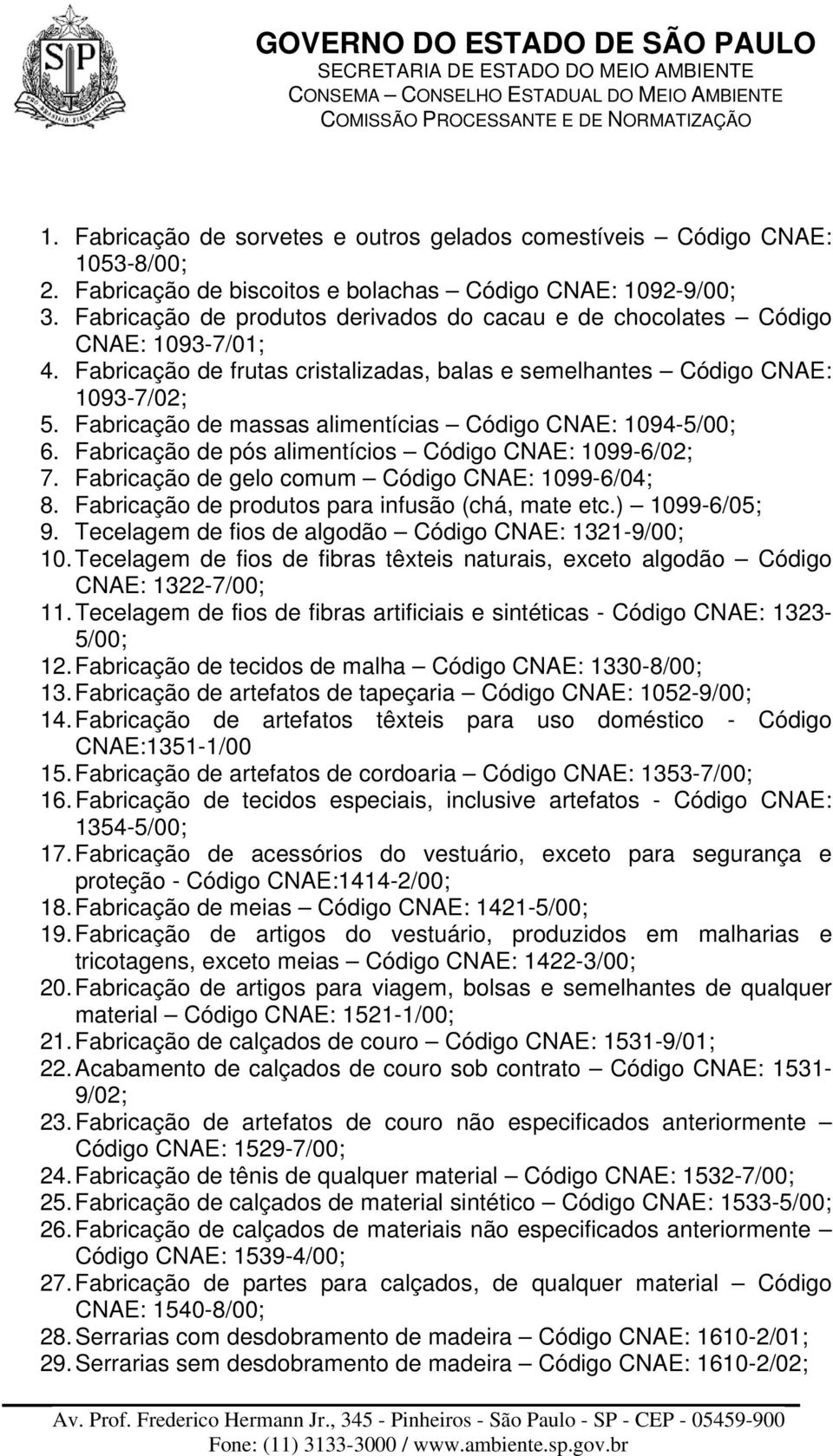 Fabricação de massas alimentícias Código CNAE: 1094-5/00; 6. Fabricação de pós alimentícios Código CNAE: 1099-6/02; 7. Fabricação de gelo comum Código CNAE: 1099-6/04; 8.