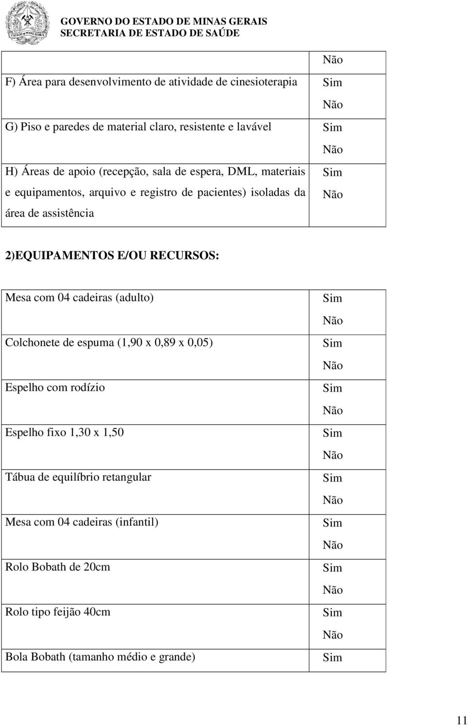 E/OU RECURSOS: Mesa com 04 cadeiras (adulto) Colchonete de espuma (1,90 x 0,89 x 0,05) Espelho com rodízio Espelho fixo 1,30 x 1,50 Tábua