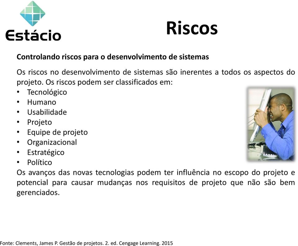 Os riscos podem ser classificados em: Tecnológico Humano Usabilidade Projeto Equipe de projeto