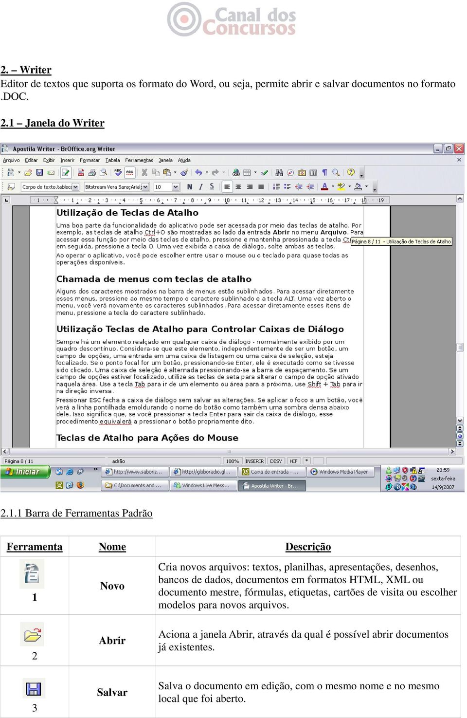 1 Barra de Ferramentas Padrão Ferramenta Nome Descrição 1 Novo Cria novos arquivos: textos, planilhas, apresentações, desenhos, bancos de dados,