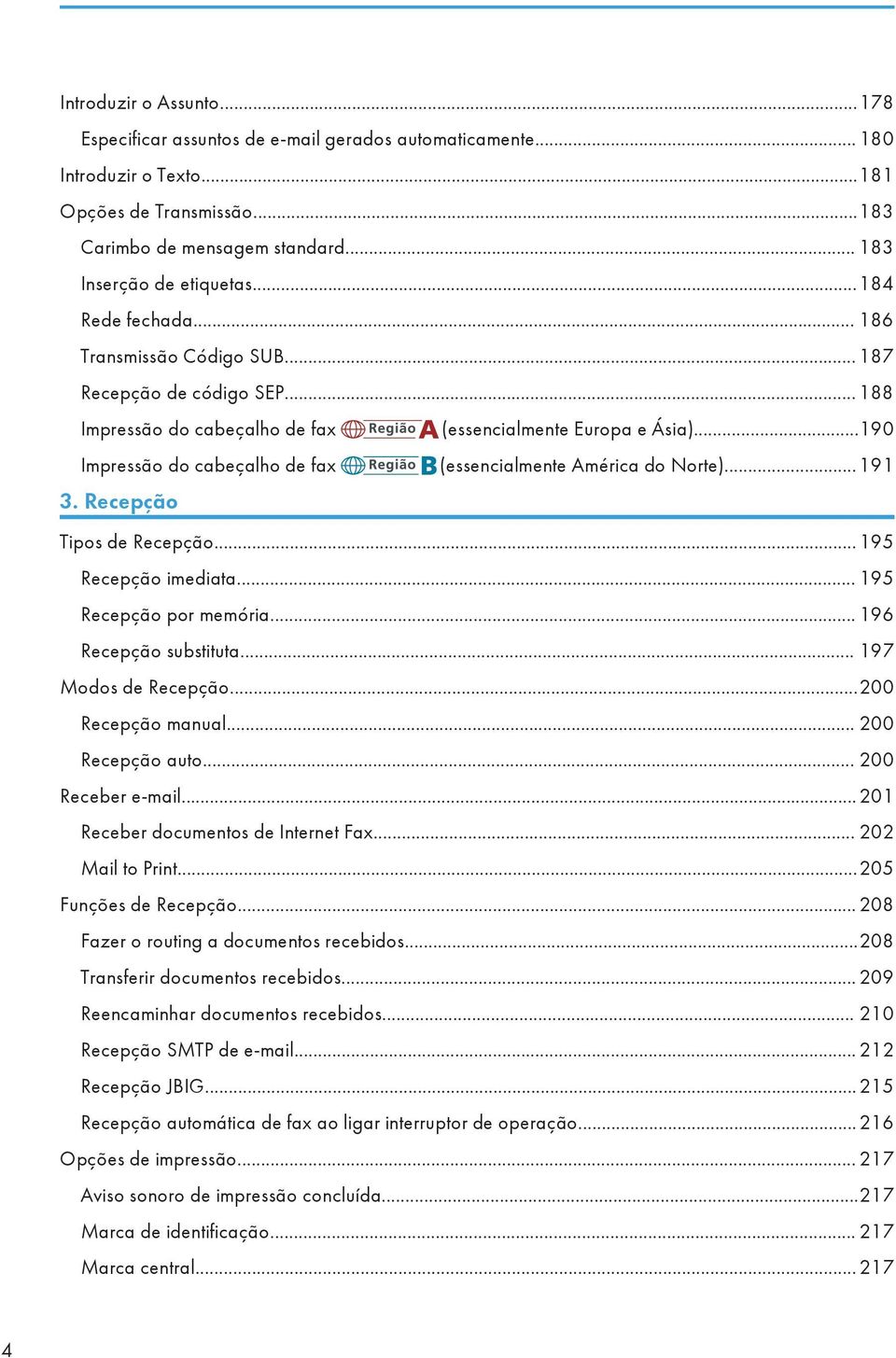 ..190 Impressão do cabeçalho de fax (essencialmente América do Norte)... 191 3. Recepção Tipos de Recepção...195 Recepção imediata... 195 Recepção por memória... 196 Recepção substituta.