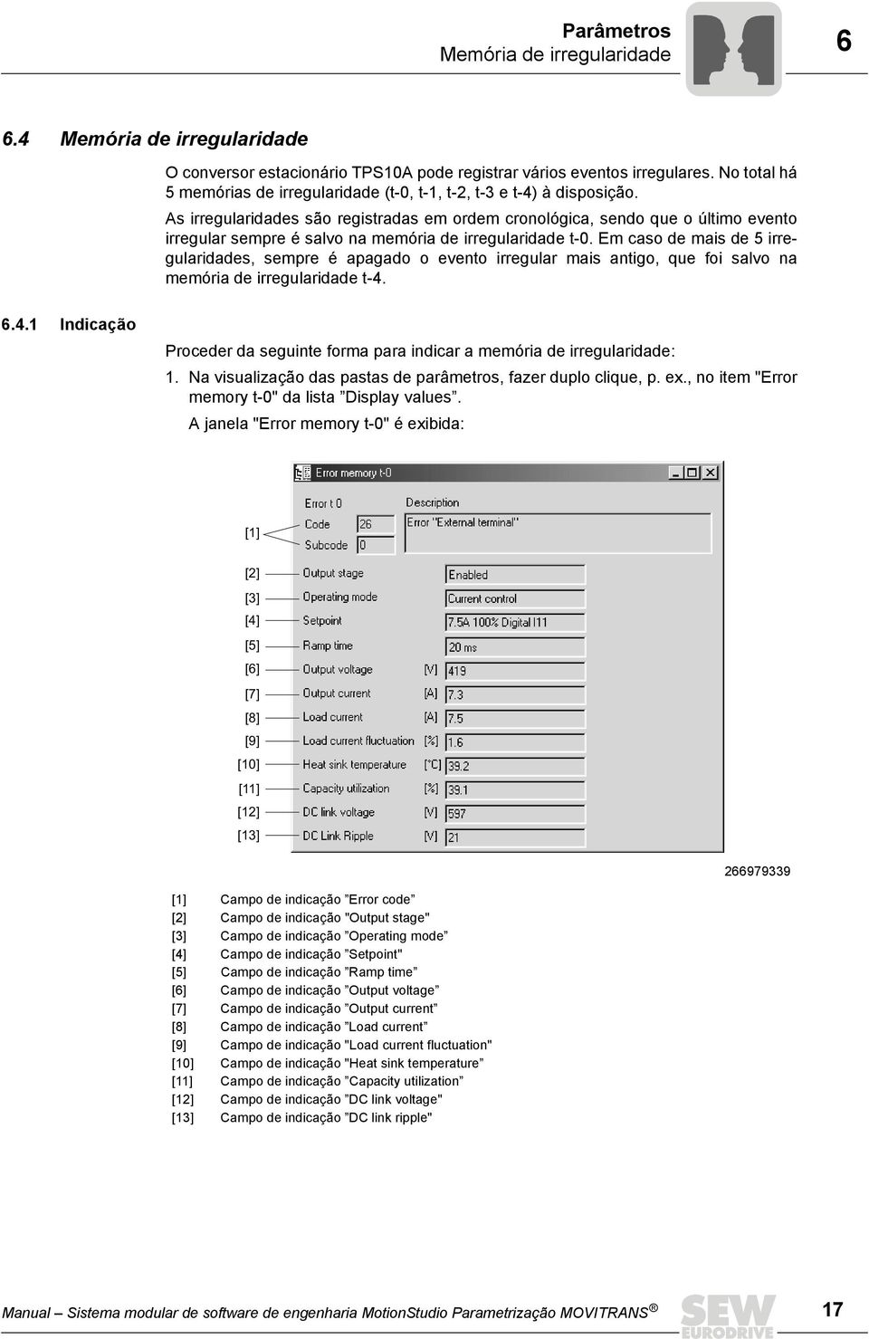 As irregularidades são registradas em ordem cronológica, sendo que o último evento irregular sempre é salvo na memória de irregularidade t-0.