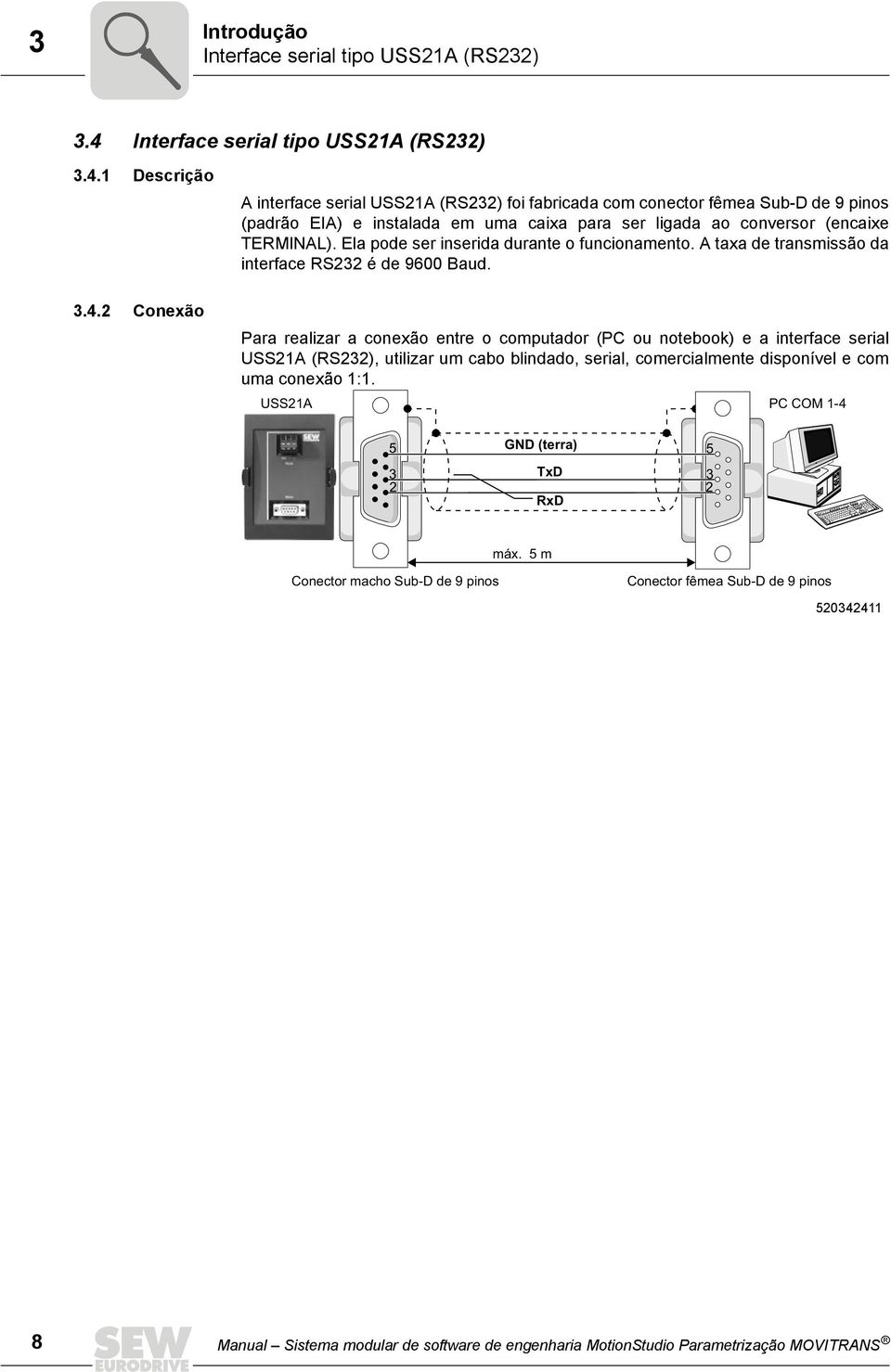 1 Descrição 3.4.2 Conexão A interface serial USS21A (RS232) foi fabricada com conector fêmea Sub-D de 9 pinos (padrão EIA) e instalada em uma caixa para ser ligada ao conversor (encaixe TERMINAL).