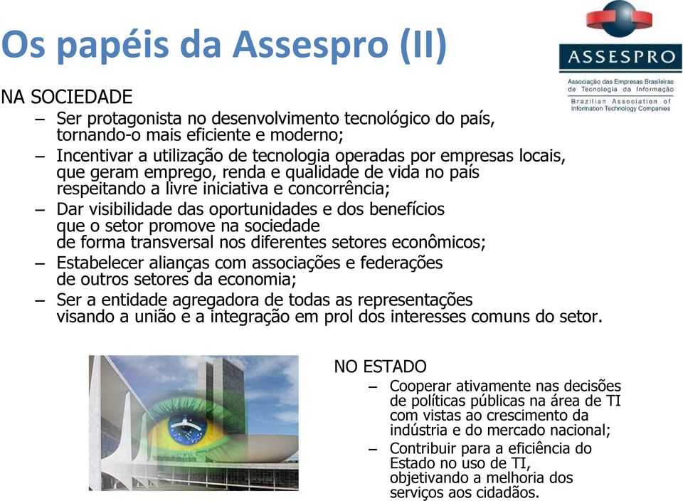 forma transversal nos diferentes setores econômicos; Estabelecer alianças com associações e federações de outros setores da economia; Ser a entidade agregadora de todas as representações visando a