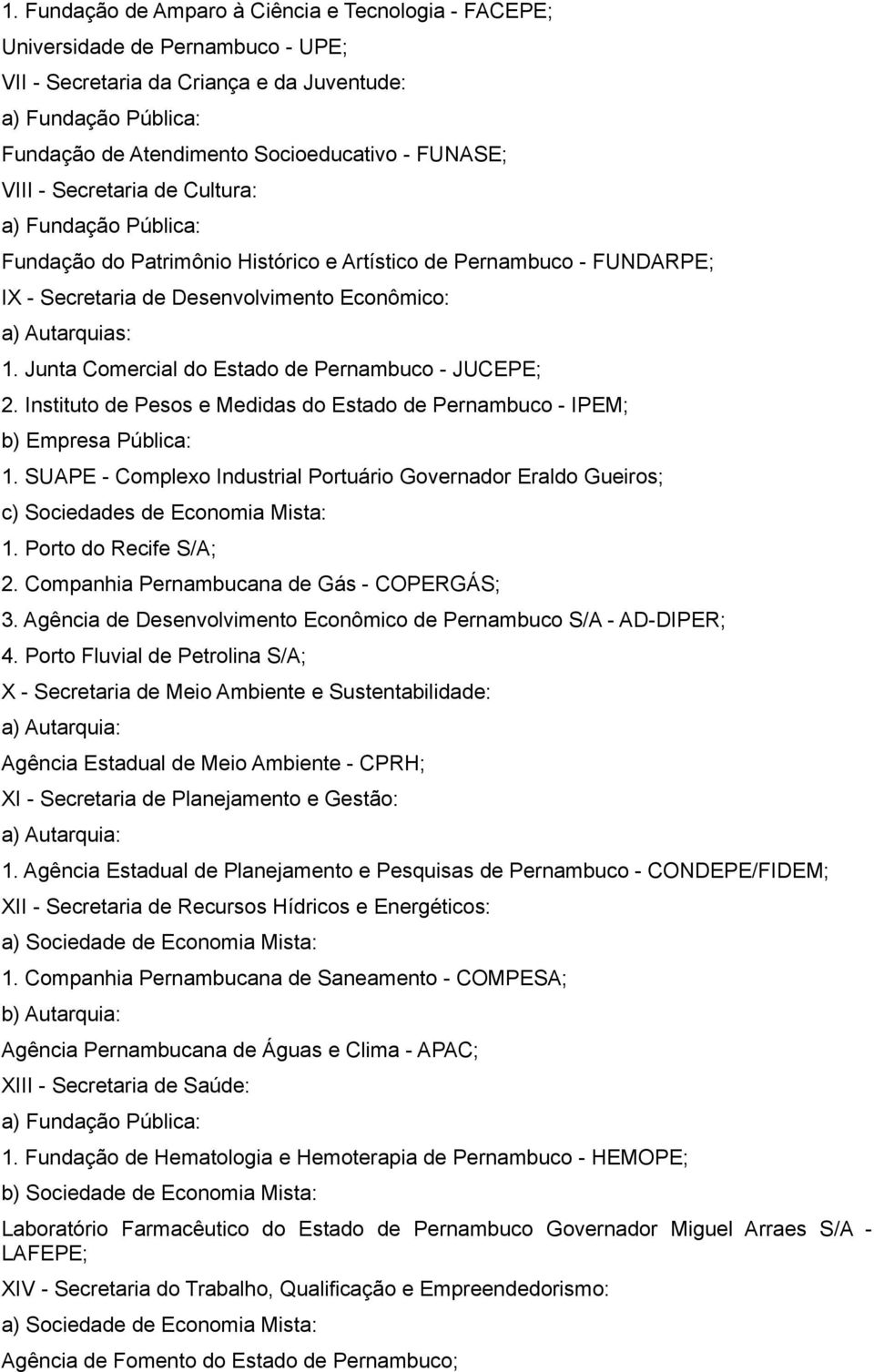 Junta Comercial do Estado de Pernambuco - JUCEPE; 2. Instituto de Pesos e Medidas do Estado de Pernambuco - IPEM; b) Empresa Pública: 1.