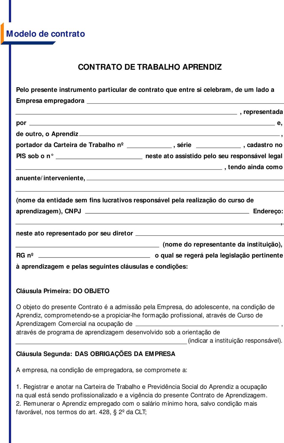 responsável pela realização do curso de aprendizagem), CNPJ Endereço:, neste ato representado por seu diretor (nome do representante da instituição), RG nº o qual se regerá pela legislação pertinente