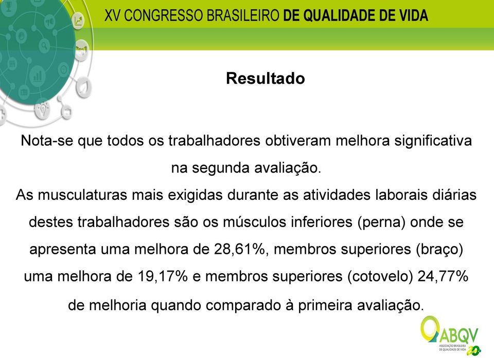 músculos inferiores (perna) onde se apresenta uma melhora de 28,61%, membros superiores (braço) uma