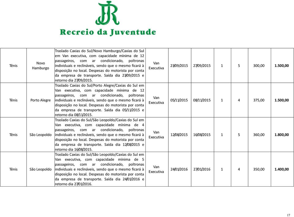 Traslado Caxias do Sul/Porto Alegre/Caxias do Sul em Van executiva, com capacidade mínima de 12 individuais e reclináveis, sendo que o mesmo ficará à disposição no local.