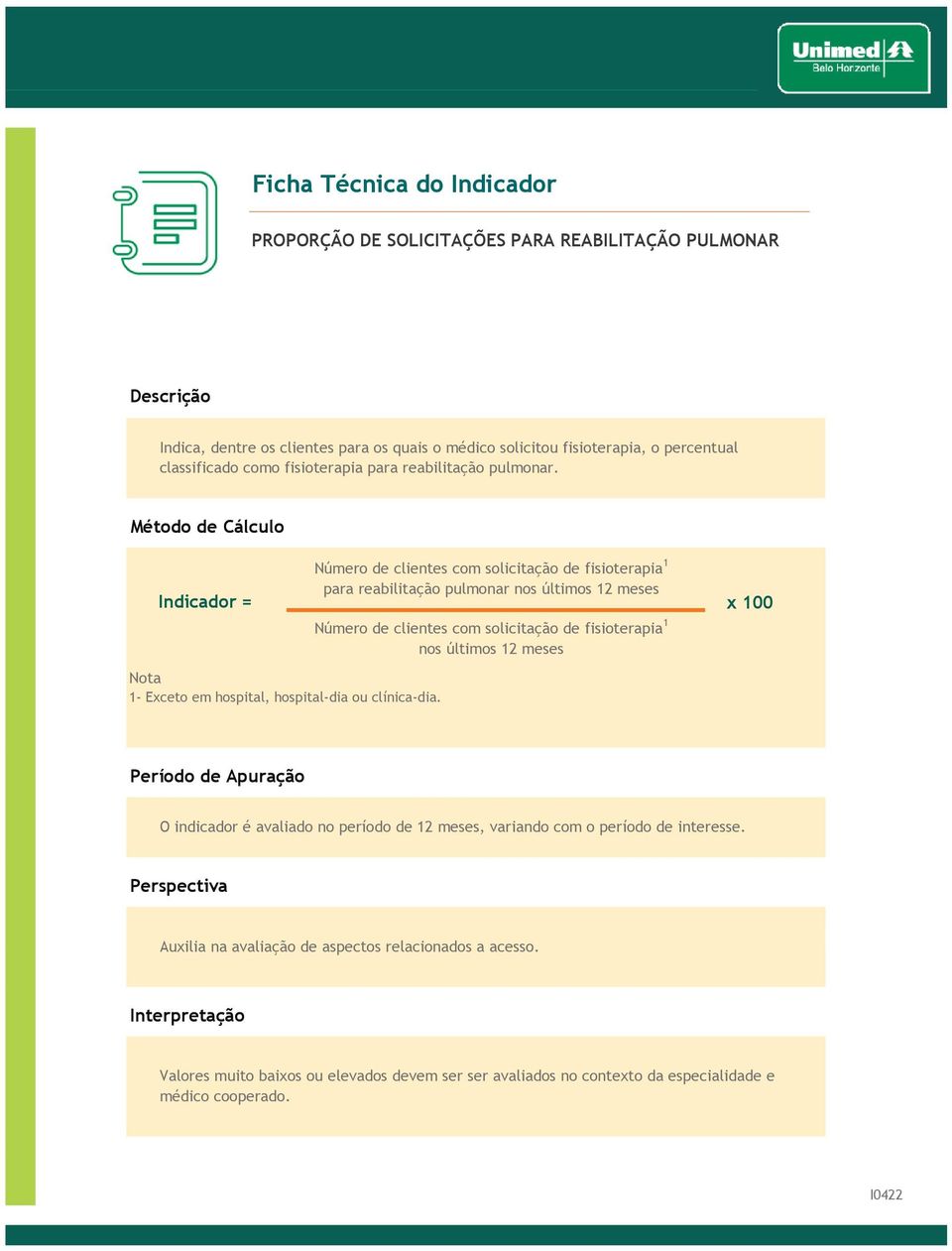 Número de clientes com solicitação de fisioterapia 1 para reabilitação pulmonar nos últimos 12 meses x 100 1- Exceto em hospital, hospital-dia ou