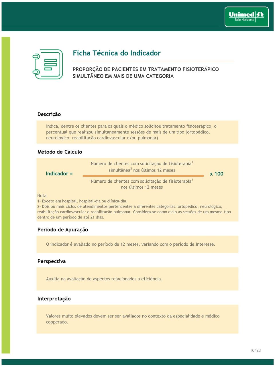 Número de clientes com solicitação de fisioterapia 1 simultânea 2 nos últimos 12 meses x 100 Número de clientes com solicitação de fisioterapia 1 nos últimos 12 meses 1- Exceto em hospital,