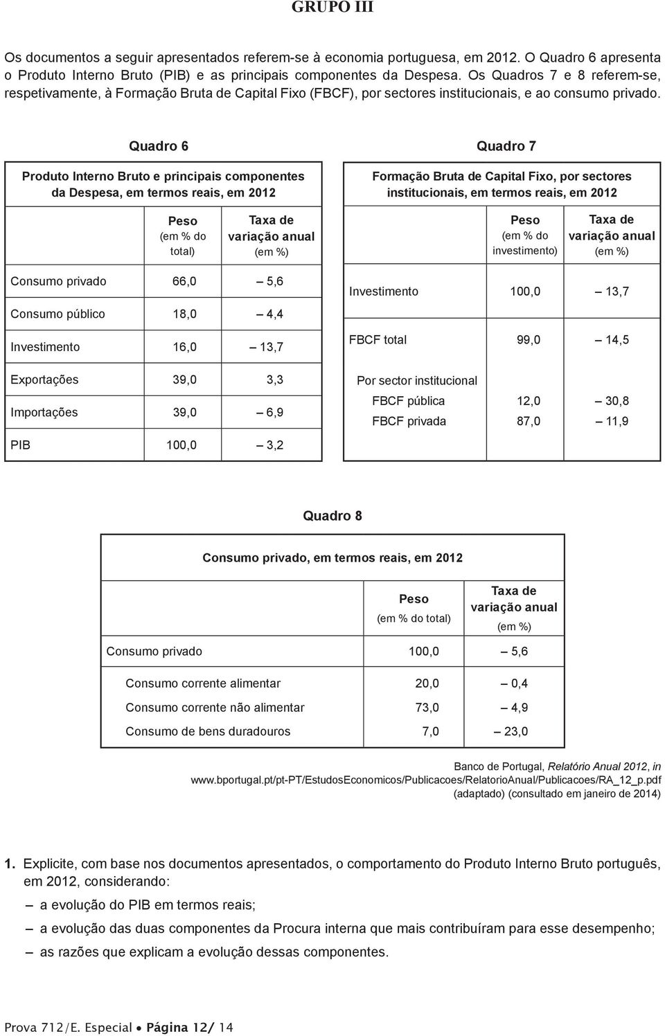 Quadro 6 Quadro 7 Produto Interno Bruto e principais componentes da Despesa, em termos reais, em 2012 Formação Bruta de Capital Fixo, por sectores institucionais, em termos reais, em 2012 Peso (em %
