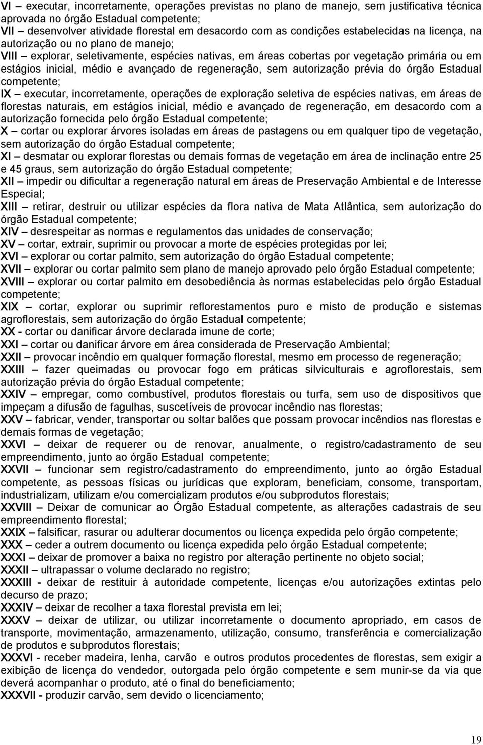 regeneração, sem autorização prévia do órgão Estadual competente; IX executar, incorretamente, operações de exploração seletiva de espécies nativas, em áreas de florestas naturais, em estágios