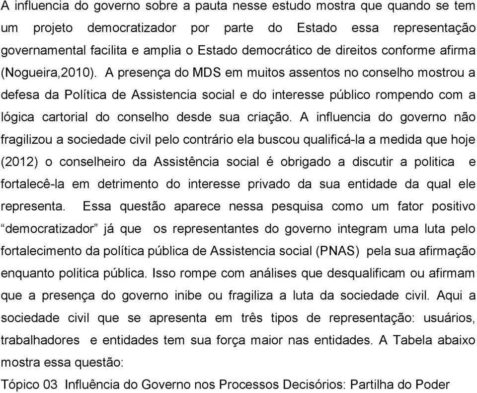 A presença do MDS em muitos assentos no conselho mostrou a defesa da Política de Assistencia social e do interesse público rompendo com a lógica cartorial do conselho desde sua criação.