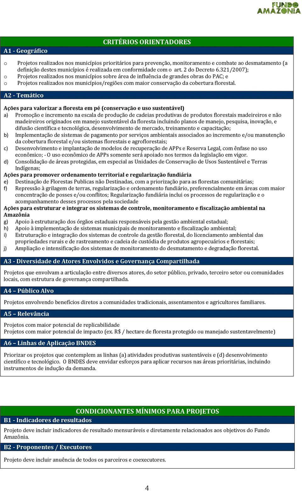 321/2007); o Projetos realizados nos municípios sobre área de influência de grandes obras do PAC; e o Projetos realizados nos municípios/regiões com maior conservação da cobertura florestal.